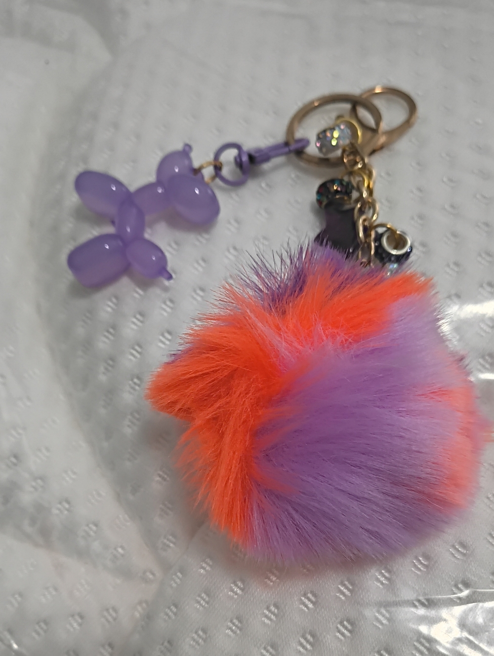 Purple & Orange Fuzzy Pom Pom Keychain with Balloon Dog Charm